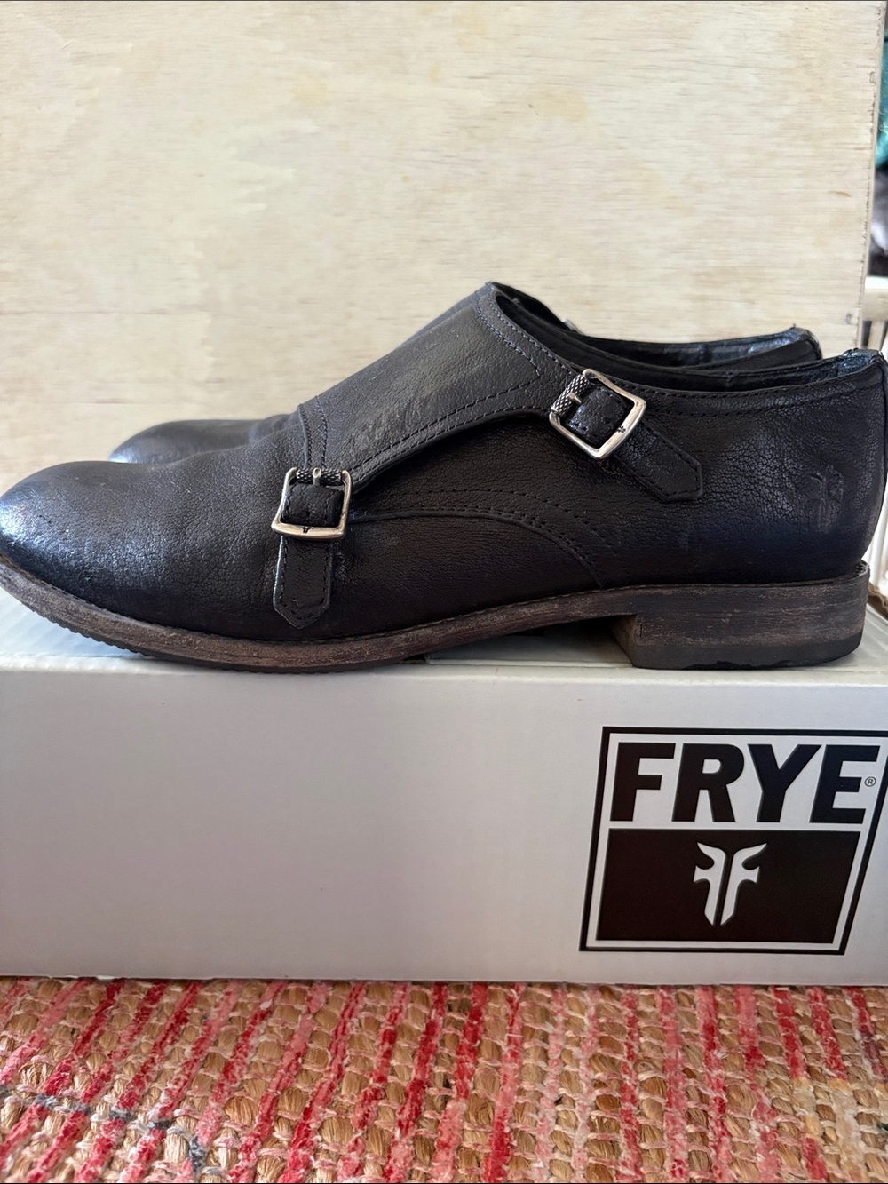 SZ 9.5 FRYE ETHAN DOUBLE MONK BLACK LEATHER LOAFER BUCKLE WITH BOX - Picture 3 of 7